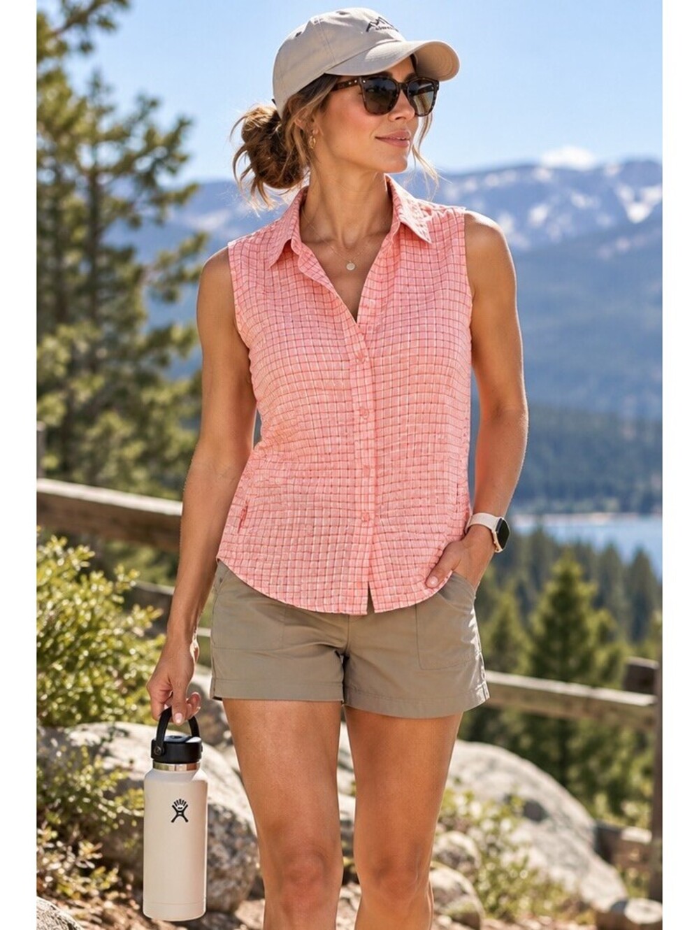 Quest Women’s Small Pink Plaid Sleeveless Shirt Zip Pockets Stretch Travel Golf